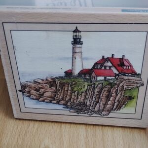 Lighthouse Illustration Wooden Block with Red Roofs